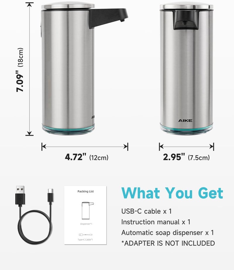 AIKE SensePro Automatic Soap Dispenser Type-C Rechargeable, Brushed Stainless Steel Finish 12.8 fl.oz. for Liquid Soap - Image 3